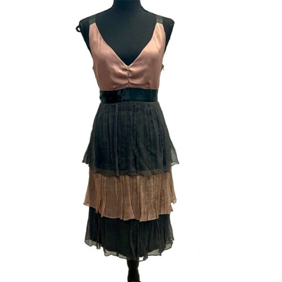 Zara silk satin V-neck sleeveless pleated tiered layered dress Sz  L pink gray - Picture 1 of 15